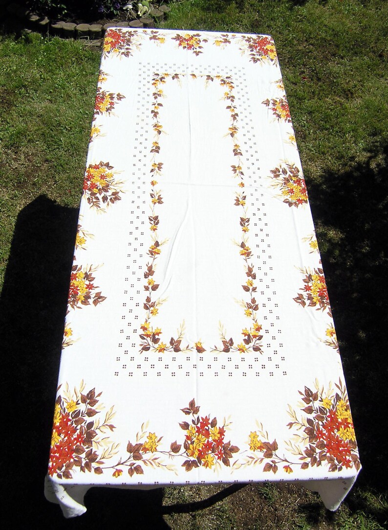 Vintage Autumn Tablecloth Mid Century Red Brown Yellow Floral Etsy
