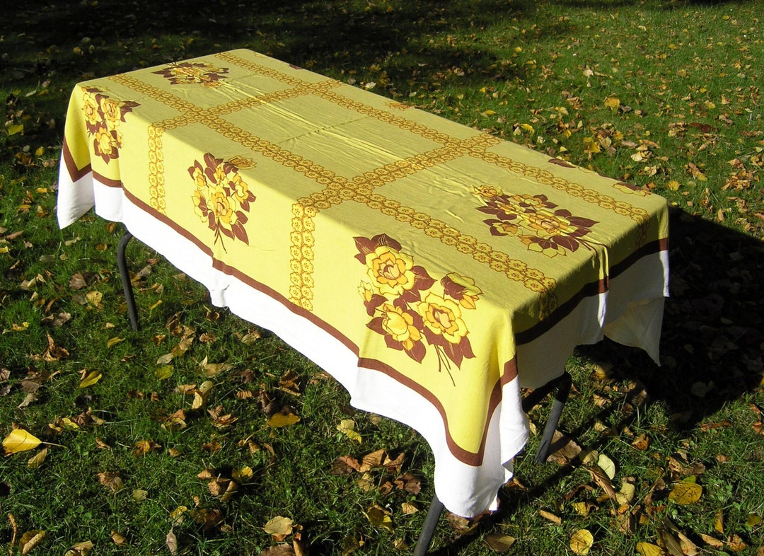 Vintage Yellow Floral Tablecloth Mid Century Rectangular Etsy