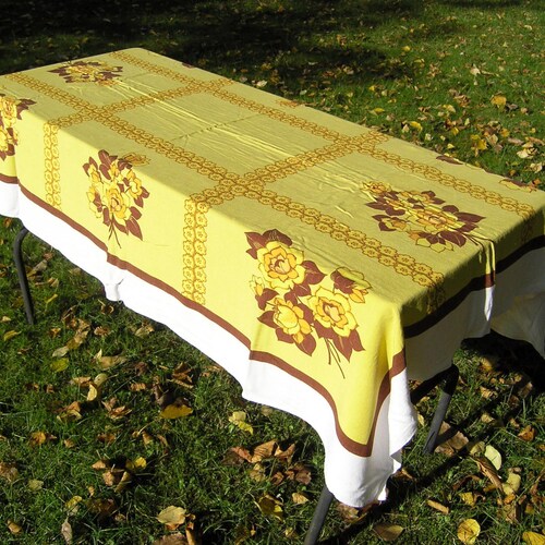 Vintage Yellow Floral Tablecloth Mid Century Rectangular Etsy