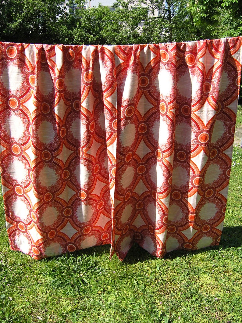 Set Of 4 Vintage Floral Geometric Curtains In Bright Red Etsy