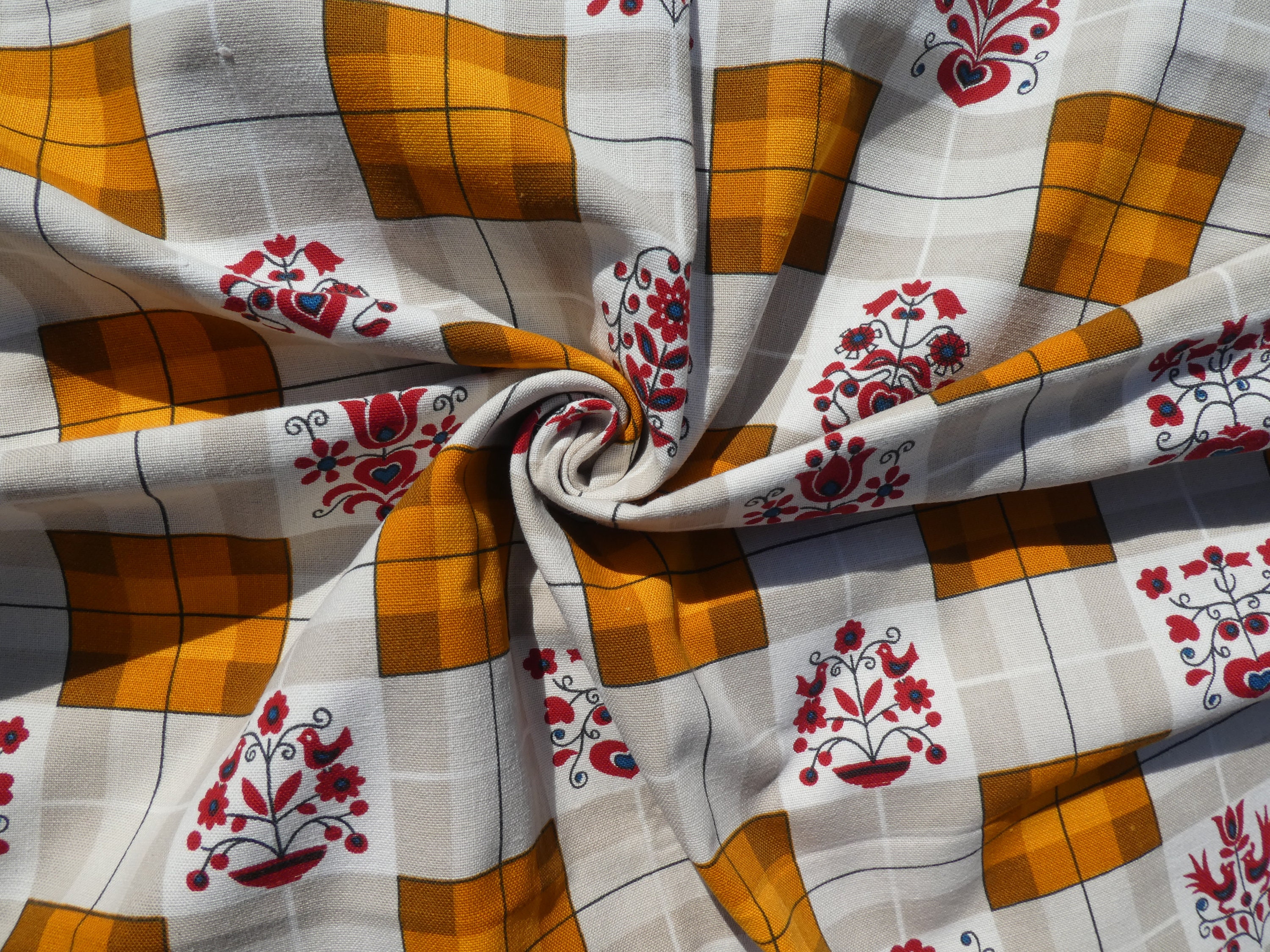 Vintage Kitchen Curtain or Fabric Remnant, Mustard Yellow and Grey