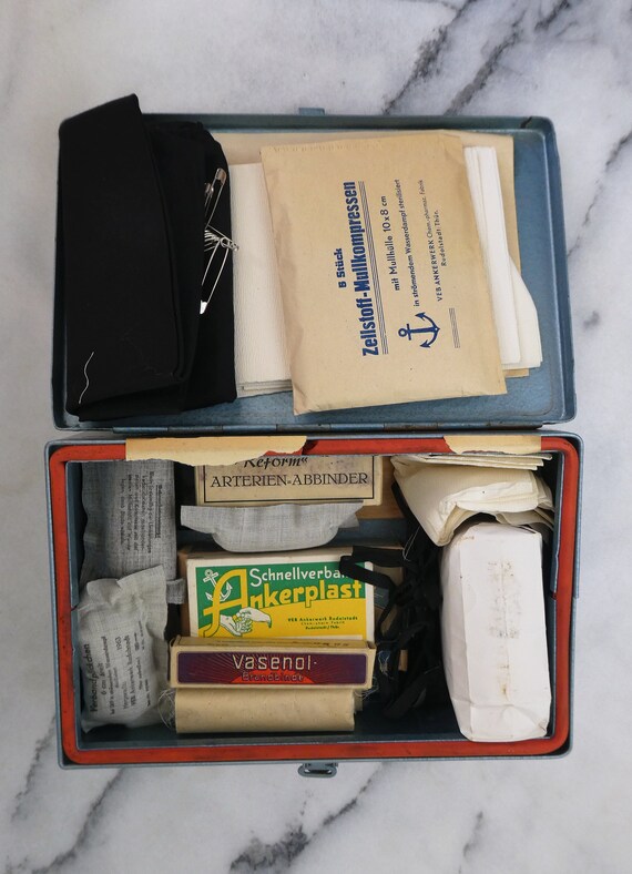 Vintage 1960s Medical First Aid Car Kit Made in East Germany GDR, Emergency  First Aid Metal Box With Original Bandages, Medicines, Paperwork 