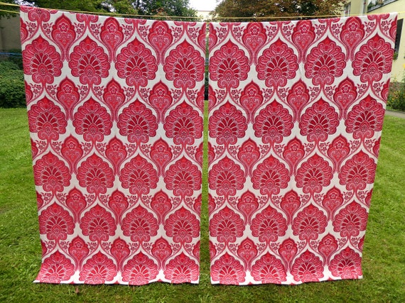 Vintage Pair Geometric Fl Curtains, Red And White Geometric Curtains