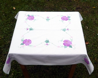 Vintage Applique Embroidery Tablecloth, White Cotton Purple Roses Leaves Hand Embroidered Tablecloth, Purple Pink Green Floral on White