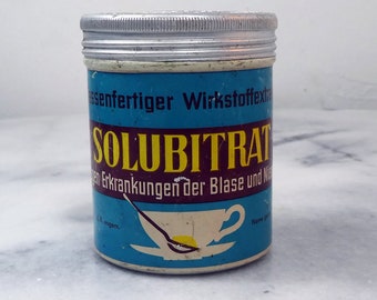 Vintage 1950s Metal Medicine Box, Round Metal Container, Solubitrat were for the bladder and kidneys, Ledwig, Heumann & Co., Nürnberg