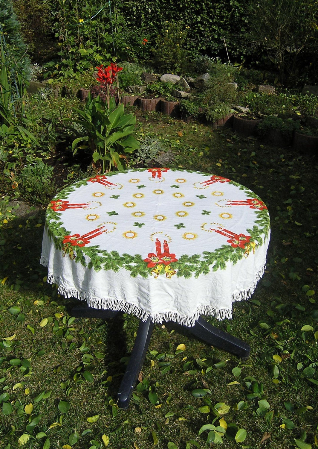 Vintage Round Christmas Tablecloth with Fringe Retro Candles Etsy