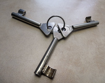 May include: Three silver keys with a triangular keyhole design are connected by a silver ring. The keys are arranged in a triangular shape.