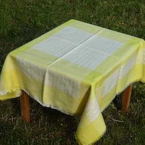Mid Century Woven Tablecloth Bright Yellow Off-White, Vintage Synthetic Yellow White Woven Textured Tablecloth w/ Fringe, 1970s Knit Linens