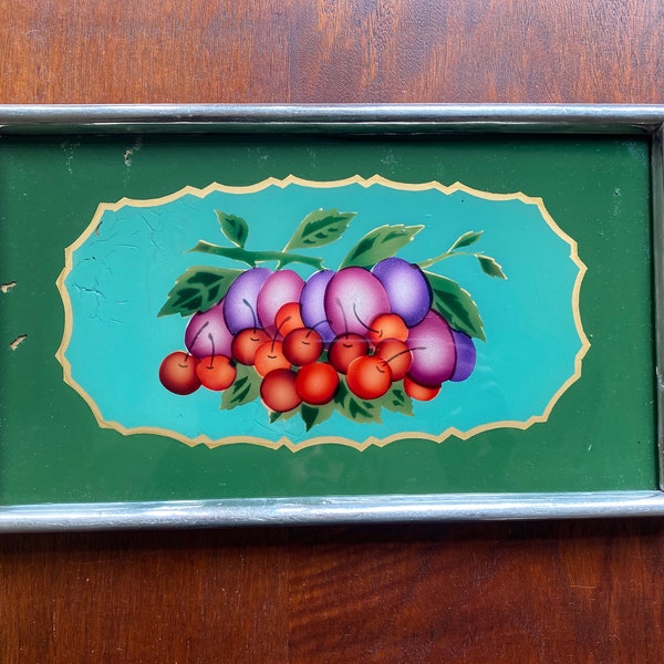 Antique 1930s Kitchen Tray, Hand Painted Plums and Cherries Wood and Glass Tea Tray with Metal Frame and Engraved Handles, Sturdy Tray