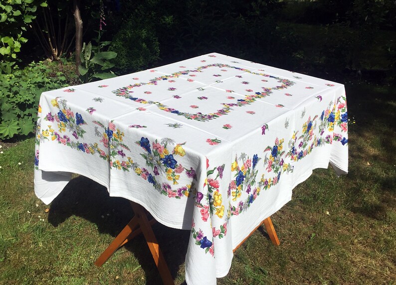 Vintage Floral Tablecloth Large White Cotton Tablecloth Etsy