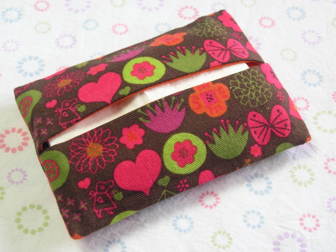 Handmade Tissue Holder, Pocket Tissue Holder, Brown Lime Magenta Floral