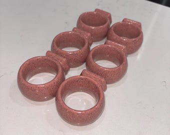 Vintage Speckled Blush Pink Ceramic Napkin Ring Holders, Set of 6