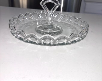 Vintage Lancaster Glass Etched Leaf Lace Edge Center Handle Serving Tray