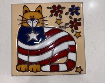 Vintage Earthtones American Cat Patriotic Ceramic Art Tile Trivet 5053A