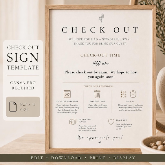 Checkout Sign Template | Editable Canva Template | Neutral Airbnb Printable | VRBO Checkout Instructions | Instant Download