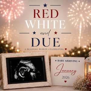 Red White and Due Pregnancy Announcement Template | Editable Canva Template | 4th of July Pregnancy Reveal | Sonogram Announcement