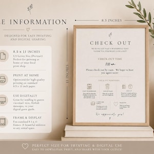 May include: A framed sign with the text "CHECK OUT" and "CHECK-OUT TIME 11:00 am". The sign is 8.5 x 11 inches and includes check-out reminders. The sign is designed for easy printing and digital sharing.