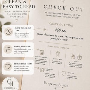 May include: A framed sign with the words "CHECK OUT" and "CLEAN & EASY TO READ." It includes checkout time, reminders, and a thank you message. The sign has a neutral color palette with a minimalist design.