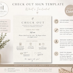 May include: A beige check-out sign template with text and icons. The sign includes the text "Check Out" and "Check-out time 11:00 am". It also includes reminders for guests. The sign is 8.5 x 11 inches and is editable in Canva.