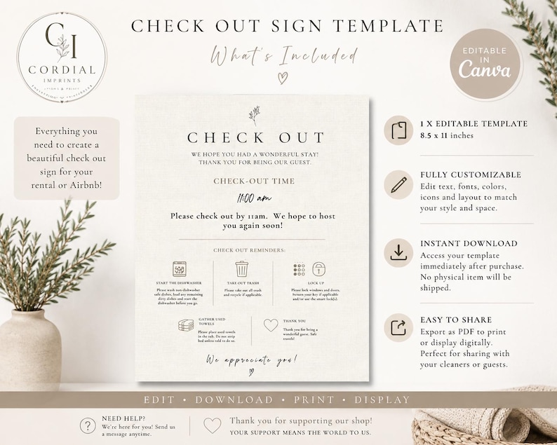 May include: A beige check-out sign template with text and icons. The sign includes the text "Check Out" and "Check-out time 11:00 am". It also includes reminders for guests. The sign is 8.5 x 11 inches and is editable in Canva.