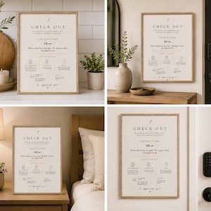 May include: A framed sign with the words "CHECK OUT" at the top. The sign includes text about checkout time and a message. The sign is in a light-colored frame and is displayed in various interior settings.