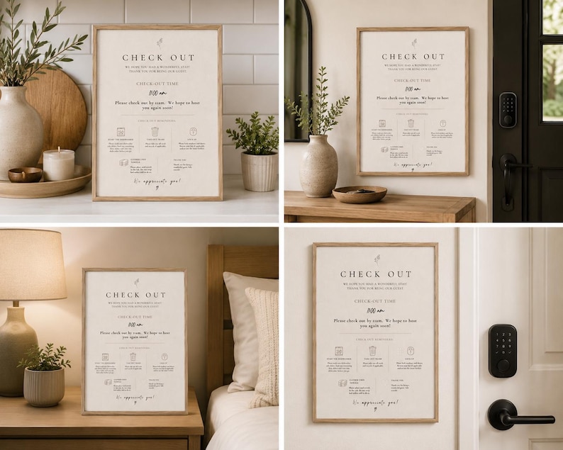 May include: A framed sign with the words "CHECK OUT" at the top. The sign includes text about checkout time and a message. The sign is in a light-colored frame and is displayed in various interior settings.