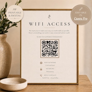 WiFi Sign Editable Template | Printable & Digital QR Code Sign | Rental Property WiFi Sign | Canva Template | Airbnb, VRBO