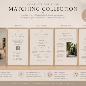 May include: A collection of matching templates for short-term rentals. The signs include "Welcome", "Wifi & Contacts", "Check Out", "Parking Information", and "House Rules". The signs are beige with wooden frames and black text. The text "Matching Collection" is at the top.