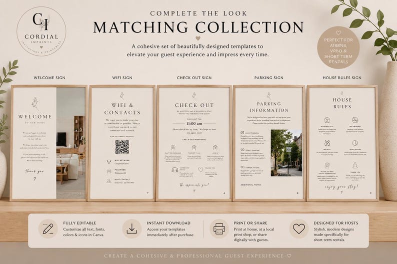 May include: A collection of matching templates for short-term rentals. The signs include "Welcome", "Wifi & Contacts", "Check Out", "Parking Information", and "House Rules". The signs are beige with wooden frames and black text. The text "Matching Collection" is at the top.