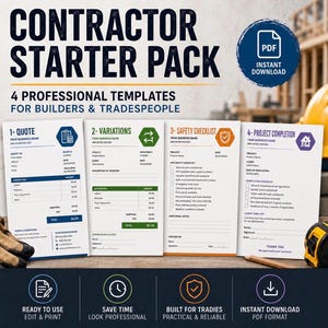 May include: A Contractor Starter Pack with four professional templates for builders and tradespeople. Includes quote, variations, safety checklist, and project completion forms. Ready to use, edit, and print. Instant PDF download.