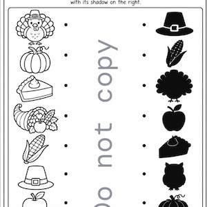 Könnte beinhalten: Ein schwarz-weißes Thanksgiving Match the Shadows Arbeitsblatt. Die Seite zeigt Illustrationen von einem Truthahn, Kürbis, Kuchen, Füllhorn, Mais, Hut, Apfel und einer Eule auf der linken Seite mit den passenden Silhouetten auf der rechten Seite.