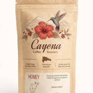 May include: A brown coffee bag labeled "Cayena Coffee Roasters" with a hummingbird and red flower illustration. The bag contains "Honey" coffee, single origin from the Dominican Republic, shade grown, and ethically farmed. The bag is 12oz (340gr).
