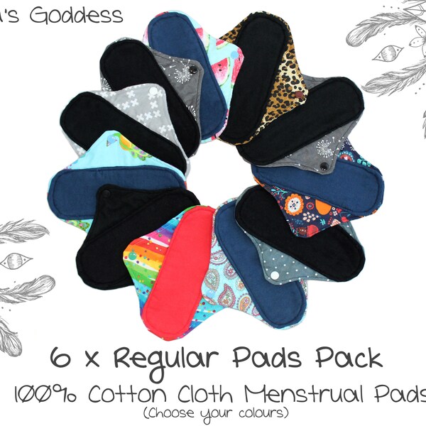 6x Regular Cloth Menstrual Pads Set (You Pick Colours) Reusable Cotton Sanitary Pads