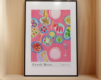 Impression d'art scène de table grecque meze - affiche pastel aquarelle - affiche de cuisine - salle à manger en Grèce - cadeau de voyage turc