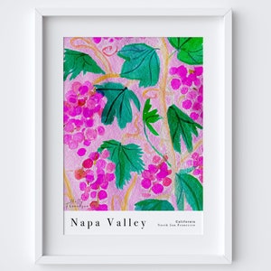 Napa Valley California Art Print - Mixed Media Watercolour Pastel - Wine Grapes Kitchen Poster - Food Drink Art