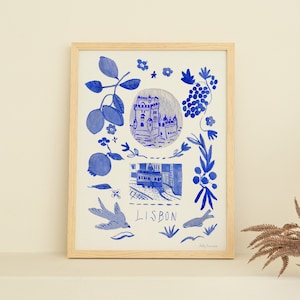 Lisbon Blue Portuguese &#39;Azulejo&#39; Painted Art Print - Travel Art Gift - Portuguese Blue Tiles Poster - Lisboa Watercolour Painting