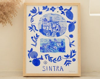 Sintra Blue Portuguese 'Azulejo' Painted Art Print - Travel Art Gift - Portuguese Blue Tiles Poster - Watercolour Painting