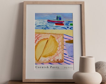 Cornish Pasty Harbour Scene Art Print - Watercolour Pastel Poster - Kitchen Poster - Spain Traditional Breakfast Snack Food Art
