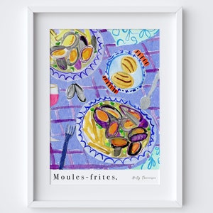 May include: A watercolor painting of a table setting with two plates of mussels and fries. The plates are blue and white with a scalloped edge. The mussels are purple and the fries are yellow. The table is covered in a purple and white checkered tablecloth. The painting is signed "Holly Francesca" and titled "Moules-frites."