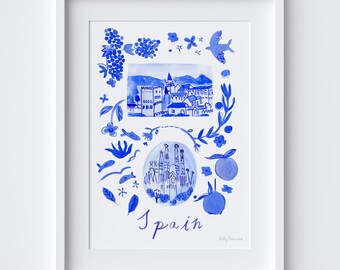 Cartaz de viagem com cenas da Espanha - Sagrada Família e Alhambra - Impressão artística - Lembrança de viagem em aquarela inspirada em azulejo espanhol azul