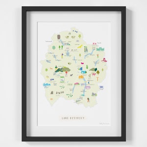 May include: A colourful illustrated map of the Lake District in England. The map features various landmarks, towns, and points of interest, including mountains, lakes, and hiking trails. The map is titled "Lake District" and includes the artist's name, "Holly Francesca".