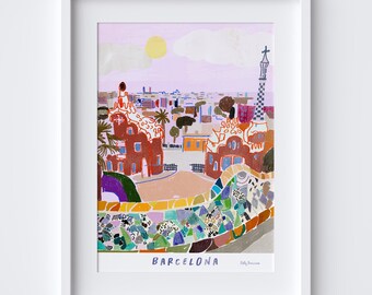グエル公園のイラスト入りポスター - バルセロナの旅行風景 - スペイン