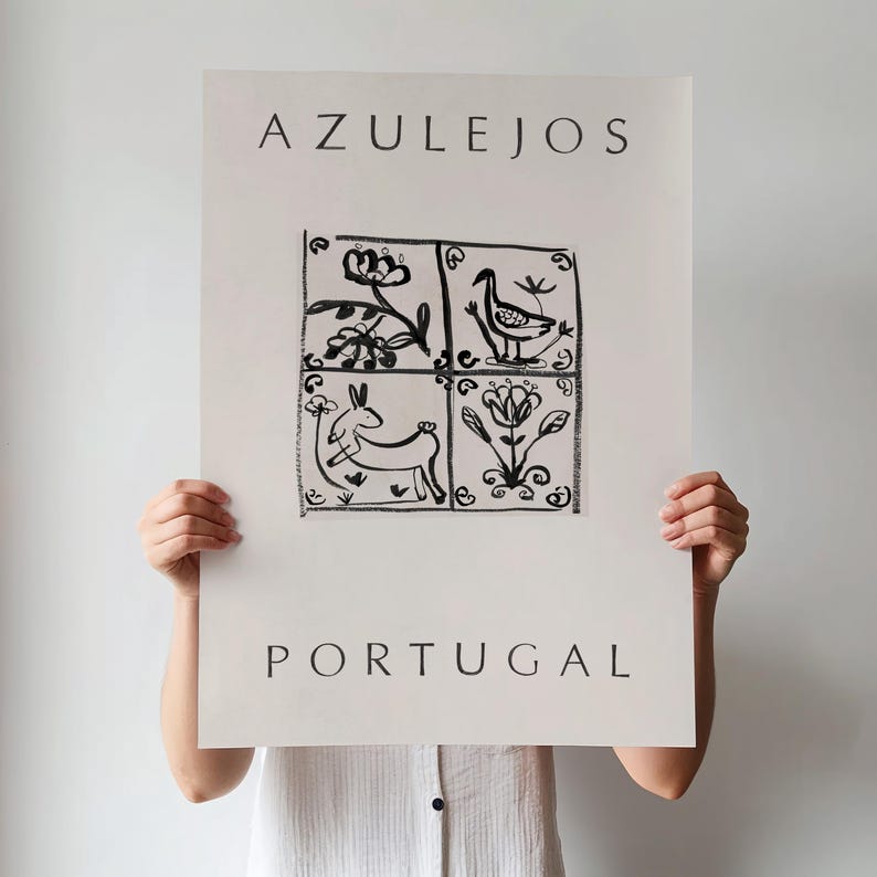 May include: Black and white poster with the word "AZULEJOS" at the top and "PORTUGAL" at the bottom. The center of the poster features a stylized illustration of four square tiles with black and white designs of birds, flowers, and animals.