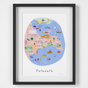 Carte de Falmouth, Cornouailles - Gravure d’art illustrée - Guide de la ville - Cadeau d’affiche de voyage de Cornouailles