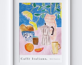 Caffe Italiano Art Print - Café italien - Techniques mixtes Aquarelle Pastel - Italie Moka Pot Kitchen Poster - Italia Drink Art