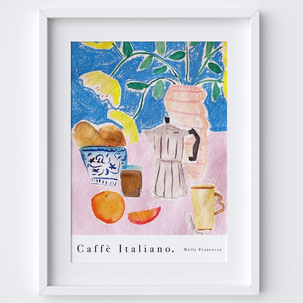 Caffe Italiano Art Print - Italian Coffee - Mixed Media Watercolour Pastel - Italy Moka Pot Kitchen Poster - Italia Drink Art
