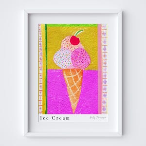 Eis Waffel Art Print - Lustige Aquarell und Pastell Lebensmittel Illustration - Skurrile Küchen Dekoration - Süßes Dessert Wandkunst - Gelato Sommer