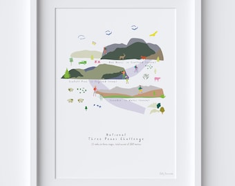 UK National Three Peaks Challenge Art Print – Hiking Route Map Poster – Gift for Hiker or Climber Wall Art – Ben Nevis Snowdon Scafell