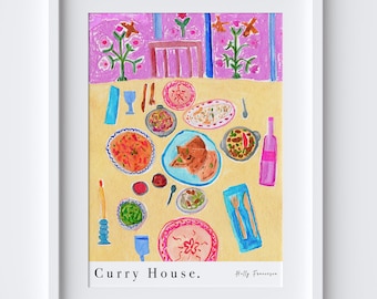 Curry House Table Scene Art Print - Watercolour Pastel Poster - India Kitchen Poster - Indian Traditional Dining - Asian Cuisine