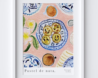 Pastel de nata Art Print - Aquarel Pastel Poster - Keukenposter - Portugese traditionele voedselkunst - Gebakdessert